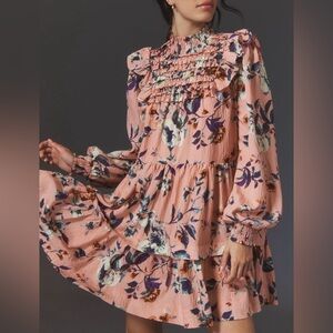 NWT Anthropologie Long-Sleeve Printed Smocked Mini Dress Pink‎ Combo XS Floral